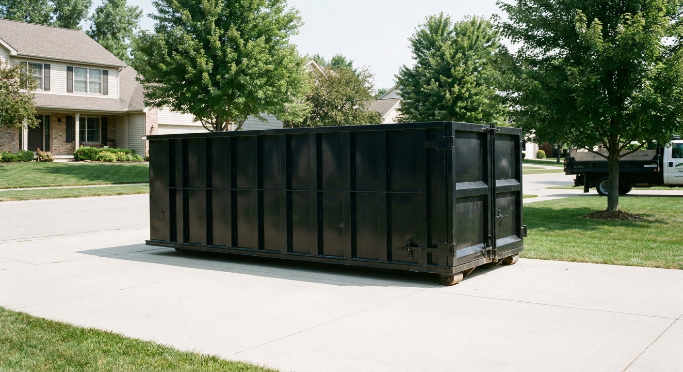 Matte-black 20-yard roll-off dumpster sitting level on a clean Newark residential concrete driveway under bright daylight, demonstrating clean placement directly on the concrete.