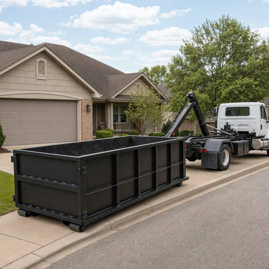 Wide documentary shot of a matte-black roll-off dumpster on a Newark residential driveway in the foreground and a contractor jobsite container in the soft-focus background, bright daylight, calm and orderly composition.