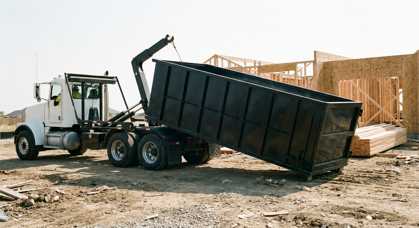 Matte-black roll-off dumpster being delivered onto a clean residential concrete driveway in Newark by an unmarked white hooklift hauler truck, bright morning daylight, documentary 35mm perspective.